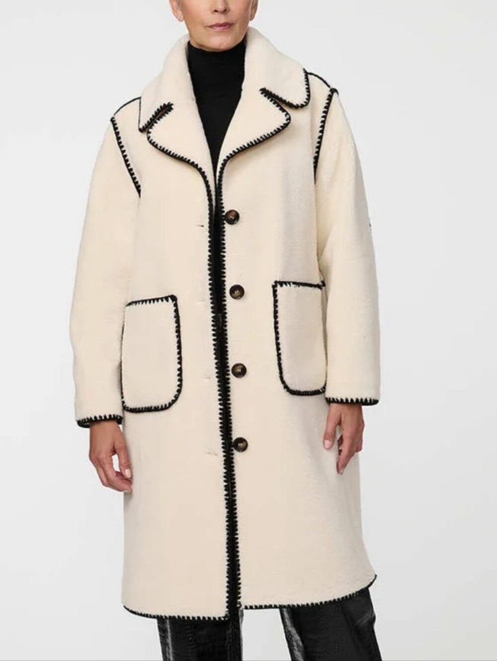 Bernardo Cream Contrast-Trimmed Button Front Coat